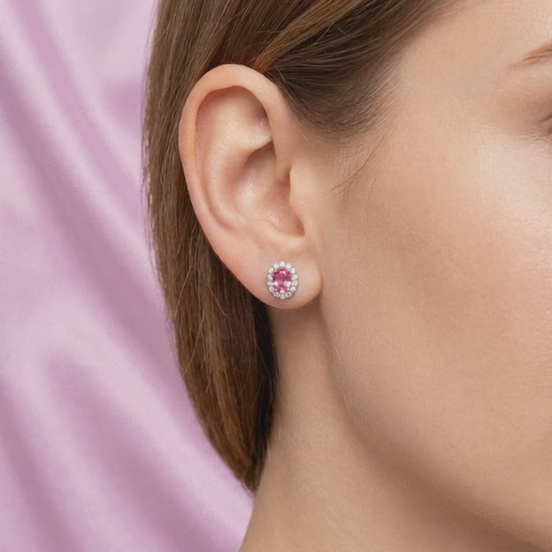 Arete de Plata .925. Oval Rosa con Incrustación de Zirconias mod. 3175